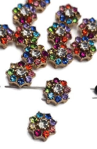 2 Hole Slider Beads (Qty 13) Floral Flower Silver for Crafting, Beading Jewelry Making into Necklaces, Bracelets Earrings Rhinestone 802-N5