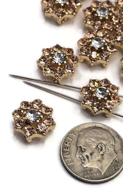 2 Hole Slider Beads (Qty 13) Floral Flower Gold for Crafting, Beading Jewelry Making into Necklaces, Bracelets Earrings Rhinestone 887-N4