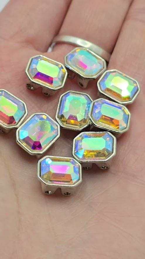 2 Hole Slider Beads Qty 9 Clear Rhinestone Oval Silver Bezel Faceted Spacer Jewelry Making Beading Bracelets Necklaces Crafting 868-H8