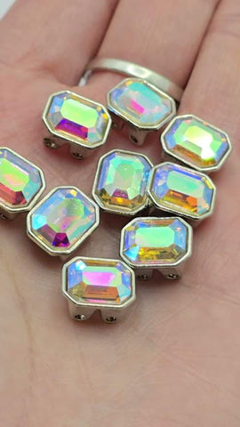 2 Hole Slider Beads Qty 9 Clear Rhinestone Oval Silver Bezel Faceted Spacer Jewelry Making Beading Bracelets Necklaces Crafting 868-H8