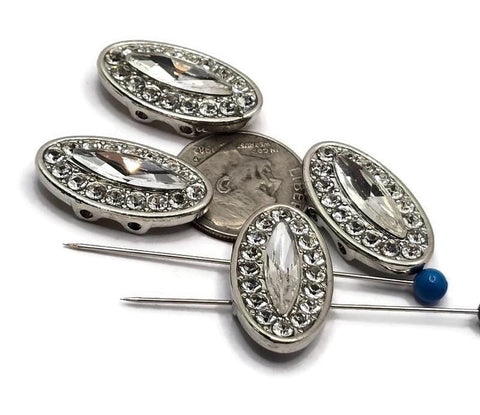 2 Hole Slider Beads Qty 4 Clear Glass Rhinestone Focal Silver Metal Jewelry Making Crafting Beading Bracelets Necklaces 827 M21