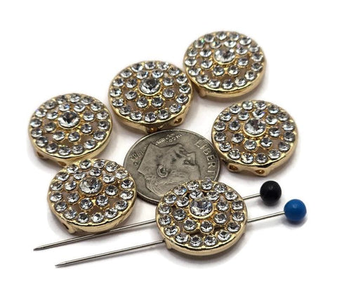 2 Hole Slider Beads Qty 6 Clear Rhinestone Round Gold Focal Spacer Findings Spacer Jewelry Making Beading Bracelets Necklaces Crafting 870N4
