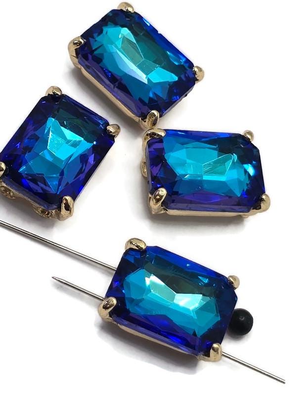 2 Hole Slider Beads Qty 4 Blue Rhinestone Square Gold Bezel Faceted Spacer Jewelry Making Beading Bracelets Necklaces Crafting 905-F13