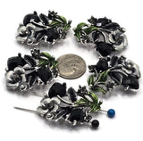 2 Hole Slider Beads -Qty 5 Silver Floral Flower Jet Black Metal Findings for Jewelry Making Crafting Necklaces or Bracelets 881-n3