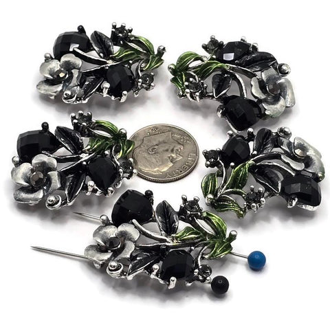 2 Hole Slider Beads -Qty 5 Silver Floral Flower Jet Black Metal Findings for Jewelry Making Crafting Necklaces or Bracelets 881-n3