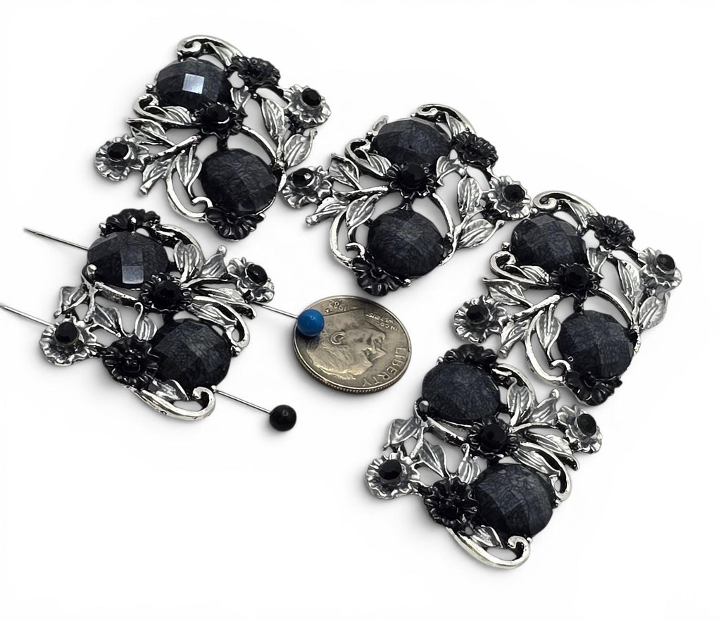 2 Hole Slider Beads -Qty 5 Antique Silver Floral Flower Black Gray Metal Findings for Jewelry Making Crafting Necklaces or Bracelets 882-N4
