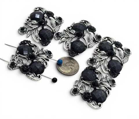 2 Hole Slider Beads -Qty 5 Antique Silver Floral Flower Black Gray Metal Findings for Jewelry Making Crafting Necklaces or Bracelets 882-N4