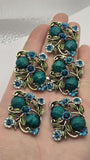 2 Hole Slider Beads -Qty 5 Antique Gold Floral Flower Aqua Blue Metal Findings for Jewelry Making Crafting Necklaces or Bracelets 878-M18