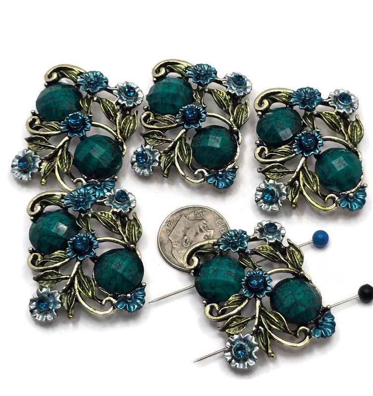 2 Hole Slider Beads -Qty 5 Antique Gold Floral Flower Aqua Blue Metal Findings for Jewelry Making Crafting Necklaces or Bracelets 878-M18