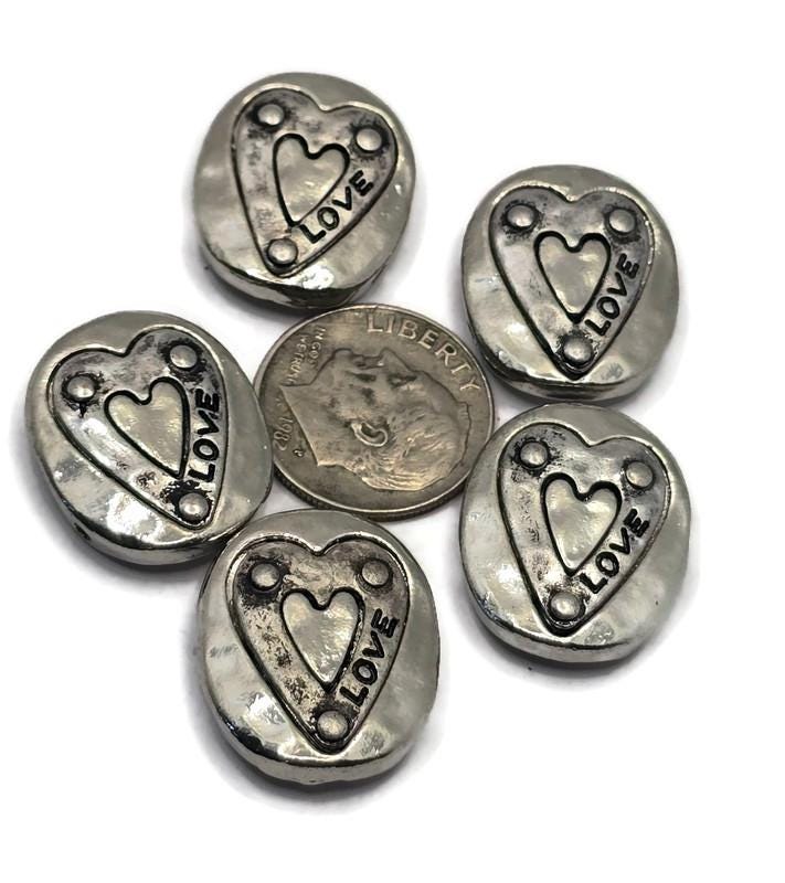 2 Hole Slide Beads (5 pcs) Heart Silver Metal Focal Crafting Beading Jewelry Making DIY Bracelet or Necklace 513-M18