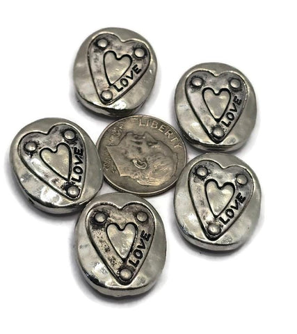 2 Hole Slide Beads (5 pcs) Heart Silver Metal Focal Crafting Beading Jewelry Making DIY Bracelet or Necklace 513-M18