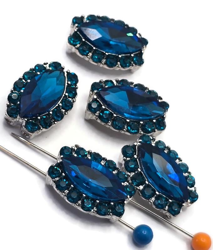2 Hole Slider Beads Qty 5 Blue Rhinestone Pave Silver Focal Spacer Jewelry Making Beading Bracelets Necklaces Crafting 914-M15