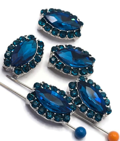 2 Hole Slider Beads Qty 5 Blue Rhinestone Pave Silver Focal Spacer Jewelry Making Beading Bracelets Necklaces Crafting 914-M15
