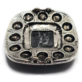Large decorative 2 Hole Slider Bead featuring a square faux marble center stone framed by oval black stones in an antique silver setting. The western-inspired design creates a striking focal point for jewelry projects. A dime provides size reference while the dual-hole design supports multi-strand construction. Suitable for handmade bracelets, statement necklaces, leather accessories, custom jewelry, and rustic handcrafted designs.