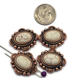 Decorative antique copper 2 Hole Slider Beads featuring oval faux marble stones with cream and ivory tones. The western-inspired design includes intricate rope borders and raised metal accents surrounding the center stone. Their dual-hole construction makes them suitable for multi-strand jewelry projects including bracelets, necklaces, pendants, artisan jewelry, and rustic handcrafted accessories with Southwestern influence.