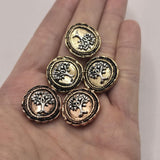 Mixed metal Tree of Life slider beads showcasing detailed raised tree designs surrounded by decorative beaded borders. The package includes both antique copper and light antique gold finishes, creating a versatile jewelry component. Perfect for Bracelet Making, Necklace Designs, custom jewelry, inspirational accessories, and handmade jewelry featuring themes of growth and renewal.
