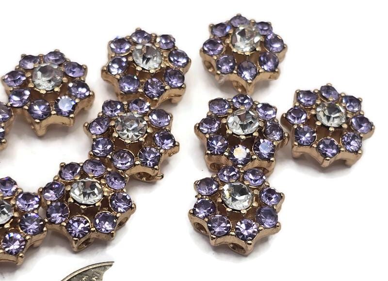 2 Hole Slider Beads (Qty 13) Floral Flower Gold for Crafting, Beading Jewelry Making into Necklaces, Bracelets Earrings Rhinestone 890-N4