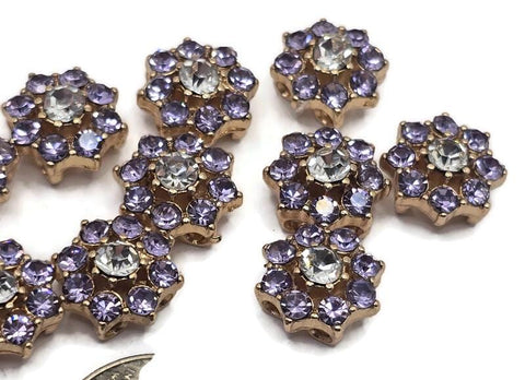 2 Hole Slider Beads (Qty 13) Floral Flower Gold for Crafting, Beading Jewelry Making into Necklaces, Bracelets Earrings Rhinestone 890-N4