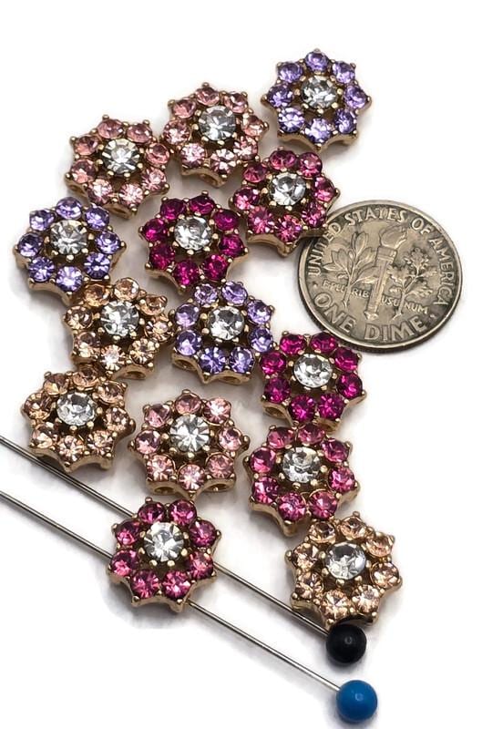 2 Hole Slider Beads (Qty 13) Floral Flower Gold for Crafting, Beading Jewelry Making into Necklaces, Bracelets Earrings Rhinestone 888-N4
