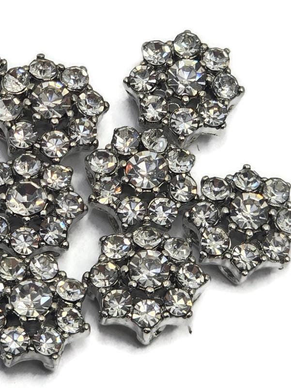 2 Hole Slider Beads (Qty 13) Floral Flower Silver for Crafting, Beading Jewelry Making into Necklaces, Bracelets Earrings Rhinestone 889-N4