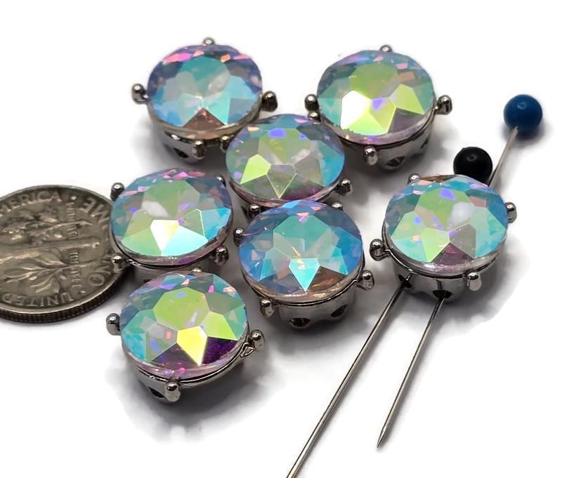 2 Hole Slider Beads (Qty 7) Clear AB Rhinestone Round Silver Metal Spacer Jewelry Making Beading Bracelets Necklaces Crafting 898 H8