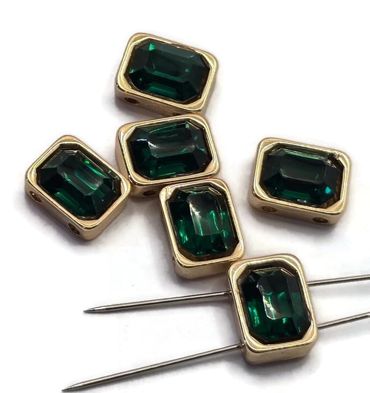 2 Hole Slider Beads Qty 6 Emerald Gold Bezel Faceted Spacer Jewelry Making Beading Bracelets Necklaces Crafting 900-N5