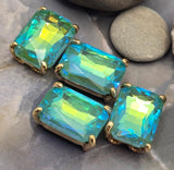 2 Hole Slider Beads Qty 4 Blue Green Rhinestone Rectangle Gold Bezel Spacer Jewelry Making Beading Bracelets Necklaces Crafting 904-F13