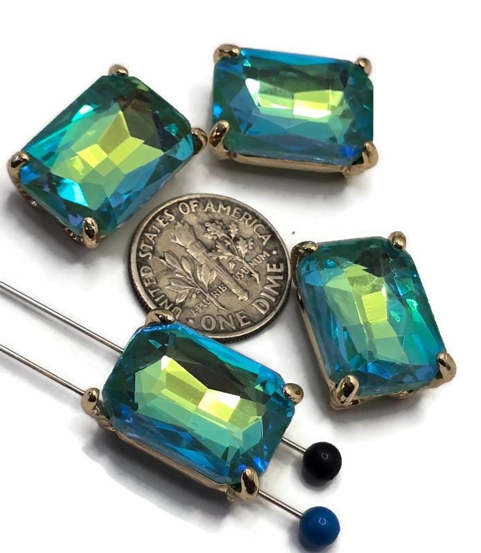 2 Hole Slider Beads Qty 4 Blue Green Rhinestone Rectangle Gold Bezel Spacer Jewelry Making Beading Bracelets Necklaces Crafting 904-F13