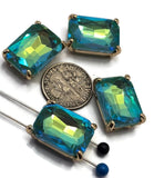 2 Hole Slider Beads Qty 4 Blue Green Rhinestone Rectangle Gold Bezel Spacer Jewelry Making Beading Bracelets Necklaces Crafting 904-F13