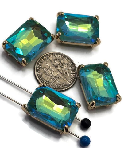 2 Hole Slider Beads Qty 4 Blue Green Rhinestone Rectangle Gold Bezel Spacer Jewelry Making Beading Bracelets Necklaces Crafting 904-F13
