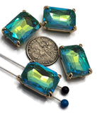 2 Hole Slider Beads Qty 4 Blue Green Rhinestone Rectangle Gold Bezel Spacer Jewelry Making Beading Bracelets Necklaces Crafting 904-F13