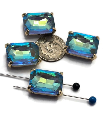 2 Hole Slider Beads Qty 4 Blue Rhinestone Rectangle Gold Bezel Spacer Jewelry Making Beading Bracelets Necklaces Crafting 907-F13