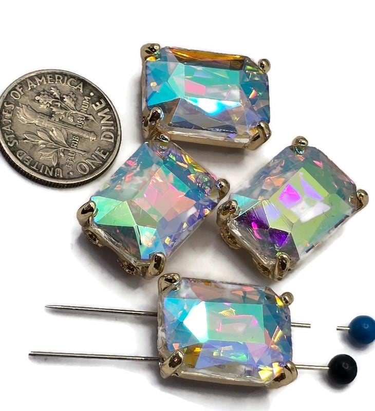 2 Hole Slider Beads Qty 4 Blue Rhinestone Rectangle Gold Bezel Spacer Jewelry Making Beading Bracelets Necklaces Crafting 906-F13