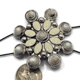 Oversized floral-inspired 2 Hole Slider Bead featuring cream enamel accents and ornate antique silver detailing. The symmetrical starburst pattern creates visual interest while the dual-hole construction supports balanced jewelry designs. Perfect for western bracelets, necklaces, artisan jewelry, leather accessories, and custom handmade creations requiring a bold focal component.