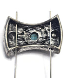 Antique silver slider beads featuring faux turquoise center stones accented by raised beadwork and decorative western details. The dual-hole construction supports balanced multi-strand jewelry designs. Displayed on a hand for scale, these focal beads are perfect for bracelet making, artisan necklaces, leather accessories, and handcrafted jewelry projects.