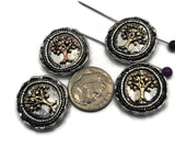 Round focal beads featuring detailed Tree of Life designs accented in antique copper and light antique gold. The antique silver backgrounds and decorative borders enhance the vintage-inspired styling. Suitable for Bracelet Making, Necklace Designs, custom jewelry, artisan beadwork, family-themed accessories, and meaningful handmade jewelry projects.