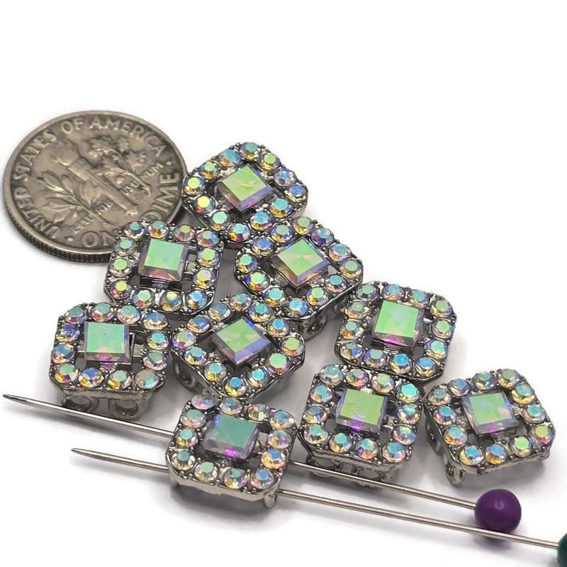 2 hole slider beads (Qty 9) Silver Clear AB Rhinestone CZ Findings Focal for Crafting, Jewelry Making Necklaces, Rings, Bracelets 934-M21