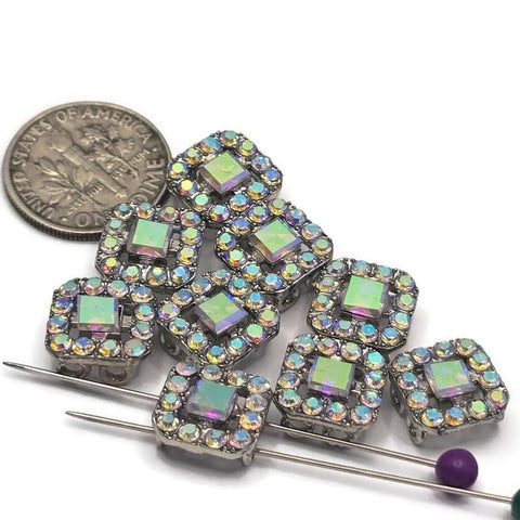 2 hole slider beads (Qty 9) Silver Clear AB Rhinestone CZ Findings Focal for Crafting, Jewelry Making Necklaces, Rings, Bracelets 934-M21
