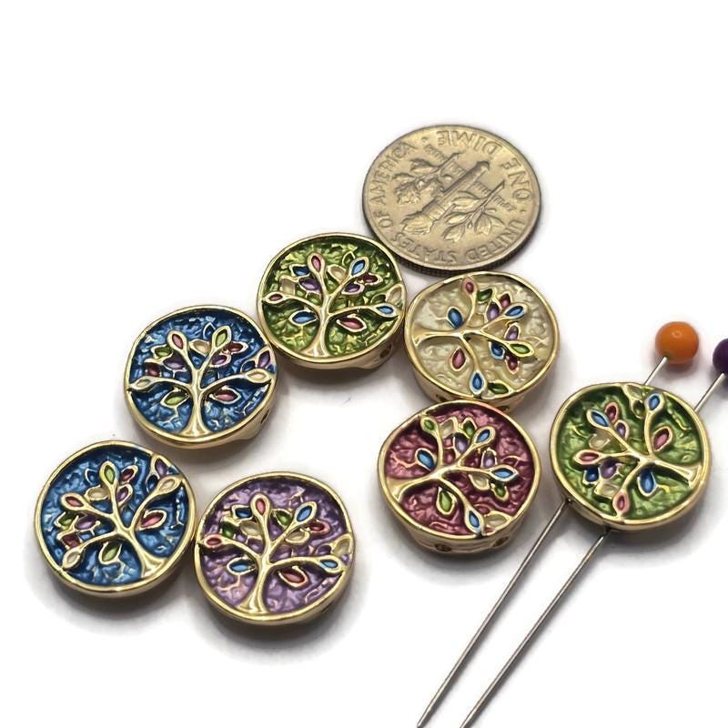 2 hole slider beads (Qty 7) Gold Tree of Life Enamel Focal for Jewelry Making, Crafting or Beading into Necklaces or Bracelets 943-N3