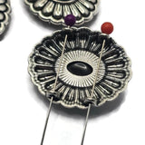 These platinum silver Western Concho 2 Hole Slider Beads showcase smooth jet black lucite center stones surrounded by detailed antique-inspired metalwork. Designed for bracelet making, necklace designs, pendants, leather jewelry, and multi-strand creations, these focal beads offer classic Western styling with modern versatility. Perfect for rodeo, rustic, Southwestern, and artisan jewelry, they make standout Jewelry Components for countless handmade jewelry projects.