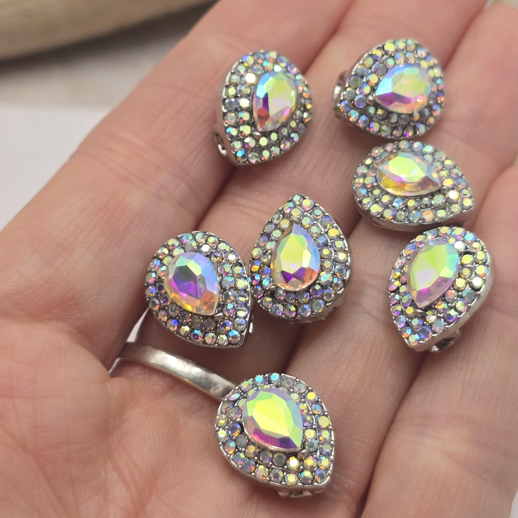 2 Hole Slider Beads (Qty 7) Clear AB Rhinestone Beading Findings for Crafting, Jewelry Making into Necklaces, Bracelets Silver Metal 961 N4