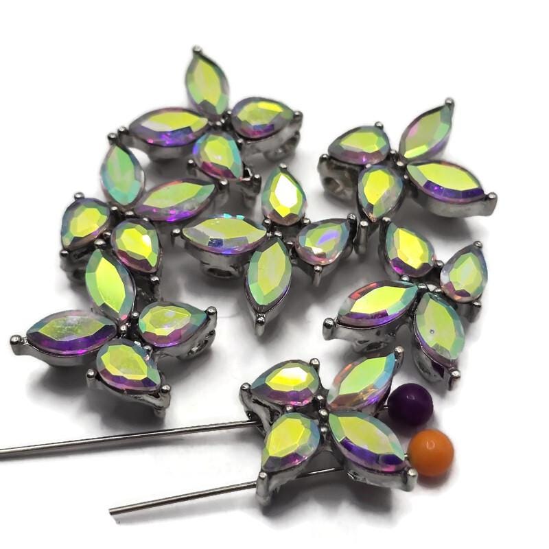 2 Hole Slider Beads (Qty 7) Clear AB Rhinestone Beading Findings for Crafting, Jewelry Making into Necklaces, Bracelets Silver Metal 960 N4