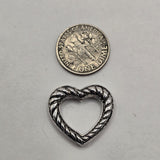 Antique silver rope heart slider bead with open center and two hidden stringing holes on the back. Decorative metal focal bead for double strand bracelets, seed bead jewelry, bead weaving, necklaces, Western jewelry, and DIY bracelet designs.
