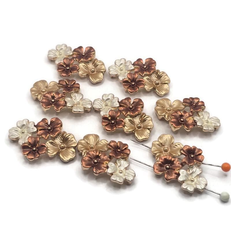 Bright gold floral 2 hole slider bead featuring dimensional flowers in copper, soft gold, and pearl-white enamel tones. The layered botanical design creates a warm, elegant focal bead for handmade bracelets, necklaces, bead weaving, and multi-strand jewelry designs.