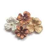 Bright gold 2 hole slider bead with a cluster of dimensional copper, gold, and pearl-white flowers. This elegant floral focal bead adds warm color and texture to double-strand bracelets, bead weaving, necklaces, and other jewelry-making designs.