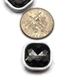 Faceted black diamond rhinestone slider beads framed in glossy white enamel metal for handmade jewelry designs. These decorative 2-hole beads feature two stringing holes on each side, helping the square focal beads stay positioned in double-strand bracelets and multi-strand jewelry. The dark smoky crystal centers contrast beautifully with the bright white enamel edges. Jewelry-making supplies for bracelet making, necklaces, bead weaving, DIY beading, and modern handmade jewelry projects.