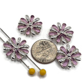Pink and silver 2 hole flower slider beads for beaded bracelets, necklaces, and handmade jewelry projects. Each round floral bead measures approximately 17 mm and features alternating pink enamel and polished bright silver petals with a detailed dimensional center. Two side stringing holes help the flowers remain properly positioned within jewelry designs. Decorative focal beads for double-strand bracelet making, bead weaving, spring jewelry, botanical designs, DIY beading