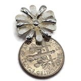 Bright silver flower 2 hole slider beads featuring creamy white enamel petals for bracelet making and beaded jewelry. These 17 mm floral focal beads combine polished silver metal with soft white enamel for a versatile botanical design. Two stringing holes approximately 5 mm apart provide options for double-strand bracelets, bead weaving, handmade necklaces, bridal jewelry, floral designs, and DIY jewelry projects.