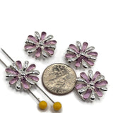 Bright silver and pink enamel flower beads featuring a dimensional 2 hole slider design for jewelry making. Each 17 mm floral focal bead combines shiny silver metal with soft pink enamel petals for a feminine botanical look. Two stringing holes help maintain spacing and positioning in double-strand bracelets, bead weaving, and multi-strand designs. Decorative jewelry components for handmade necklaces, floral bracelets, spring jewelry, beading projects, and DIY jewelry making.