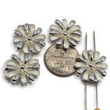 White and silver floral slider beads with a decorative 2 hole design for handmade bracelets and jewelry making. Each round 17 mm flower combines glossy white enamel petals with highly polished bright silver accents. Side holes spaced approximately 5 mm apart help keep strands positioned in double-strand bracelets, bead weaving, necklaces, multi-strand jewelry, wedding jewelry, spring accessories, and botanical beading designs.